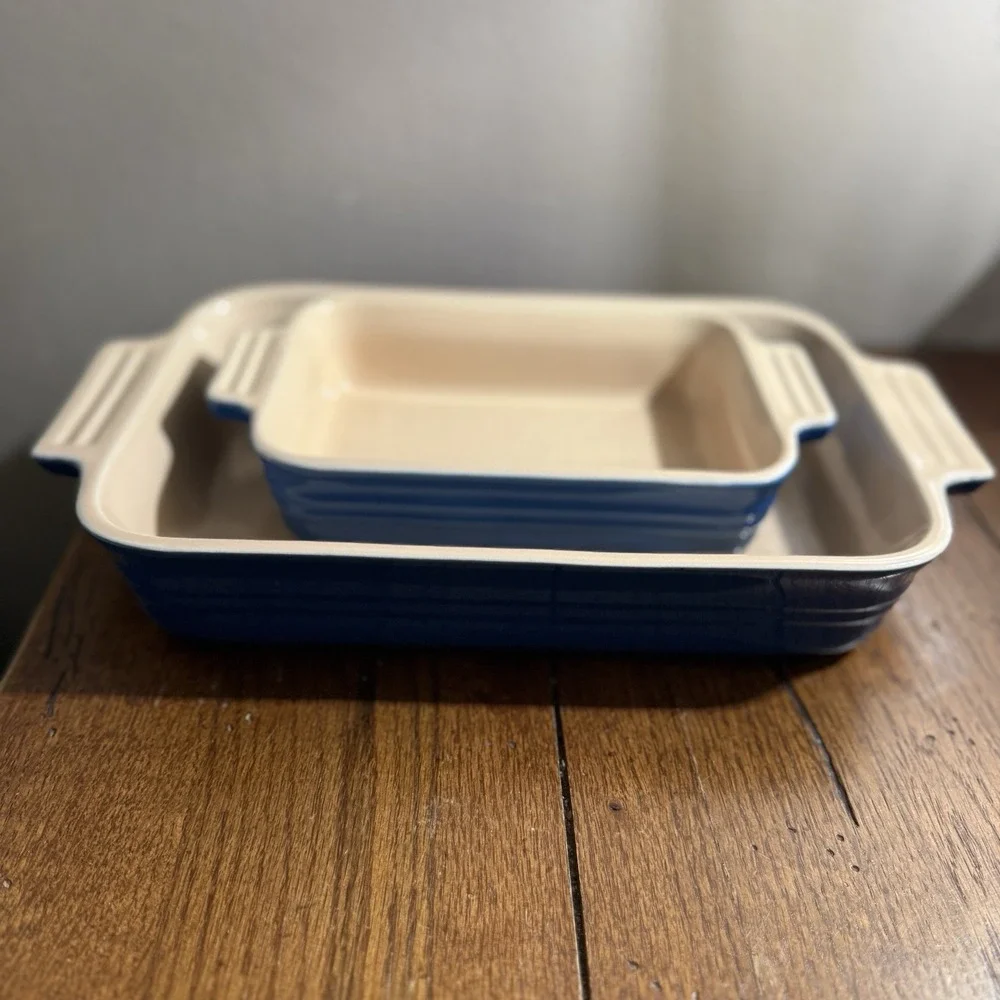2- LE Creuset Small 5×7 & Medium 10x7 Blue Casserole Stoneware‎ Baking Dishes